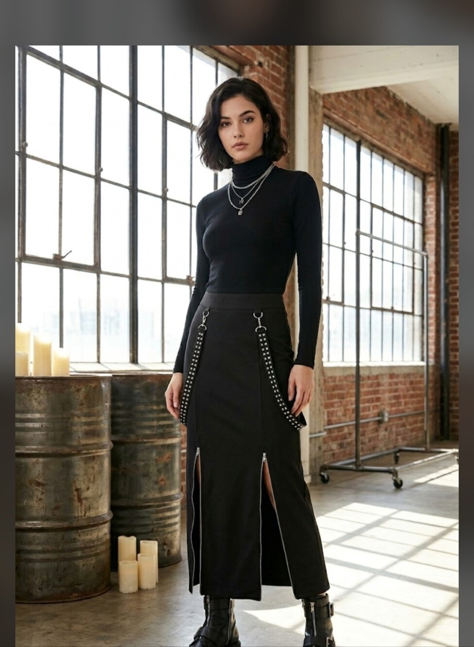 ​Shein Edgy Black Maxi Skirt with Functional Front Zippers — Grunge/Punk Style.